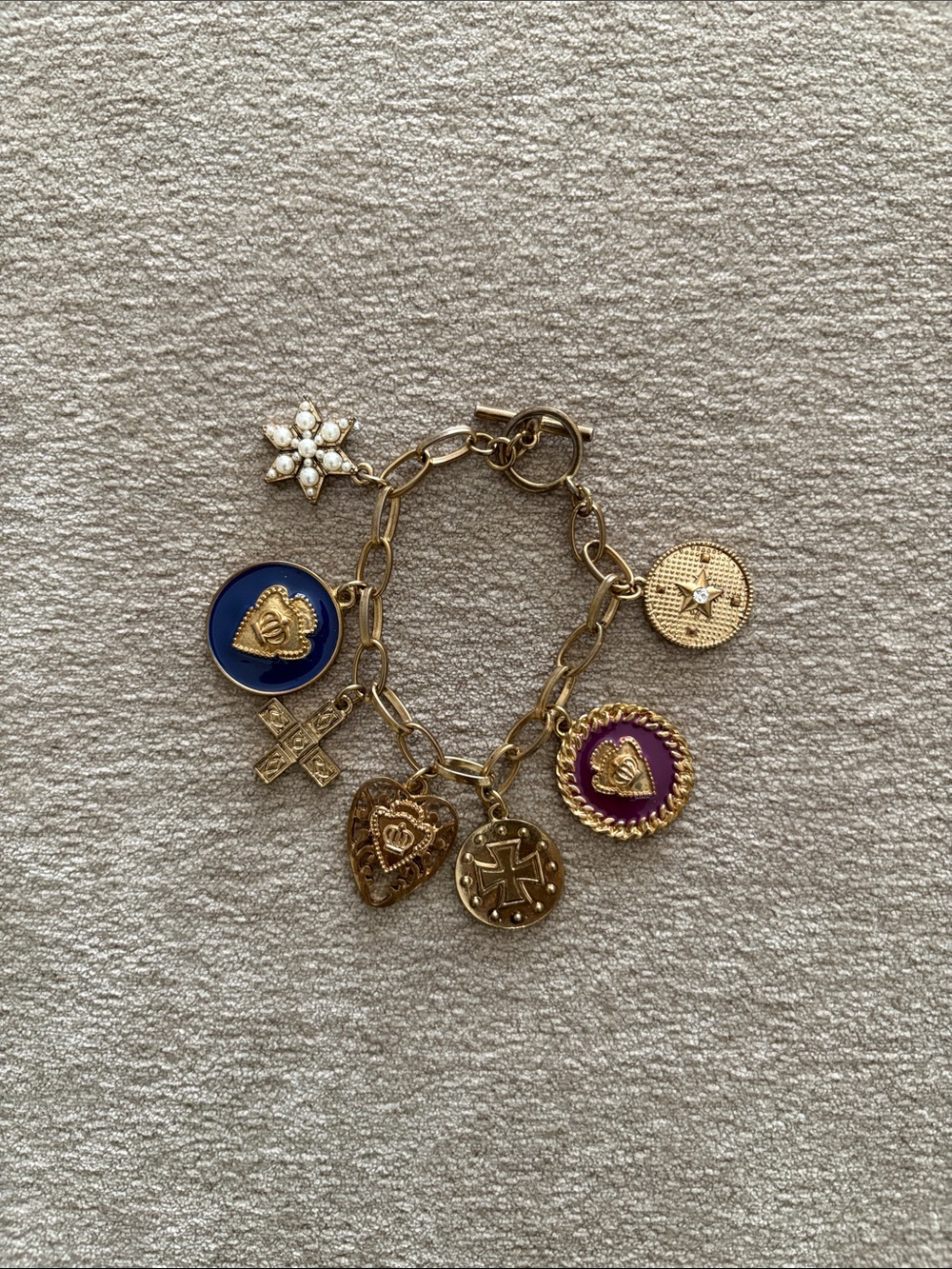 Vintage Gold Tone Multi Charm Toggle Bracelet Y2K Royal Regency Core Boho